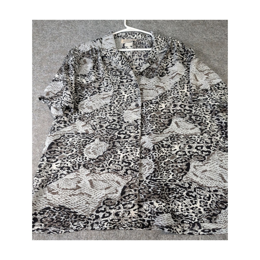 Donnkenny Woman Mixed Animal Print Button Up Blouse Leopard Snake Grey Tan EUC